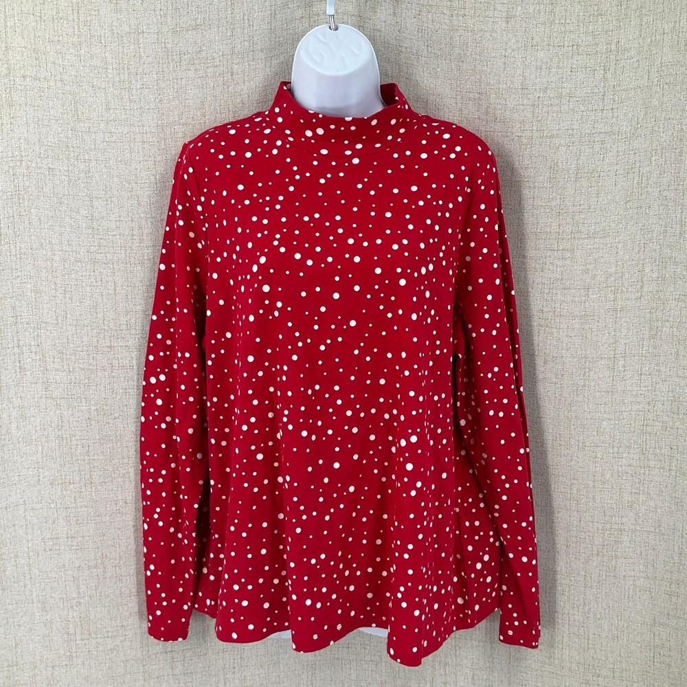 Kim Rogers Top Women XXL Red Cotton Mock Neck Snow Dots Long Sleeve Classic
